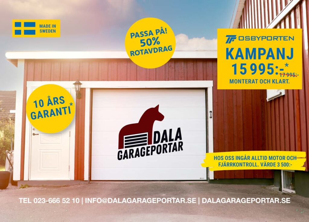 kampanjannons med vit garageport installerad av Dala garageportar i Borlänge